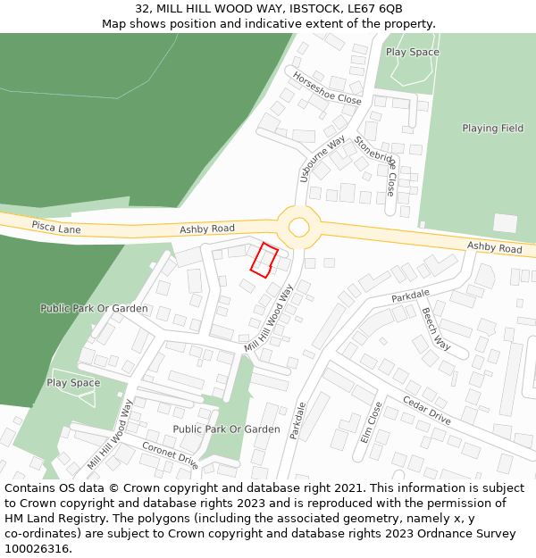 32, MILL HILL WOOD WAY, IBSTOCK, LE67 6QB: Location map and indicative extent of plot