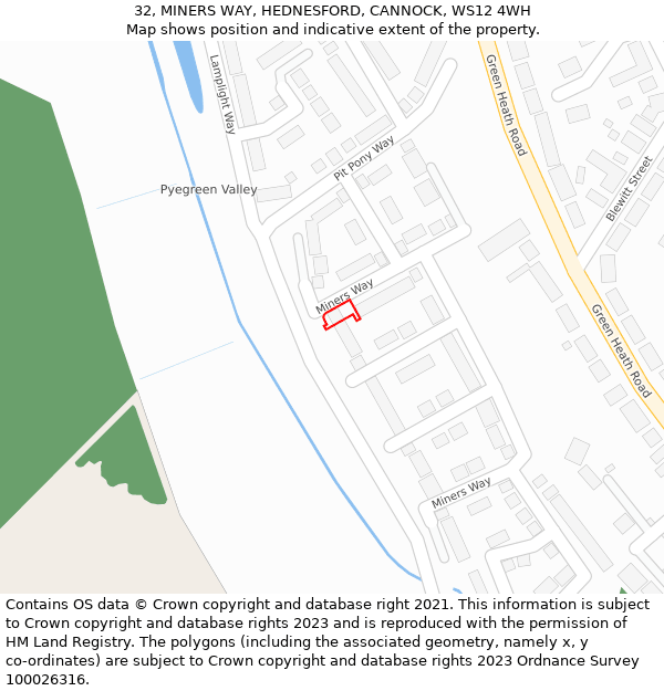 32, MINERS WAY, HEDNESFORD, CANNOCK, WS12 4WH: Location map and indicative extent of plot
