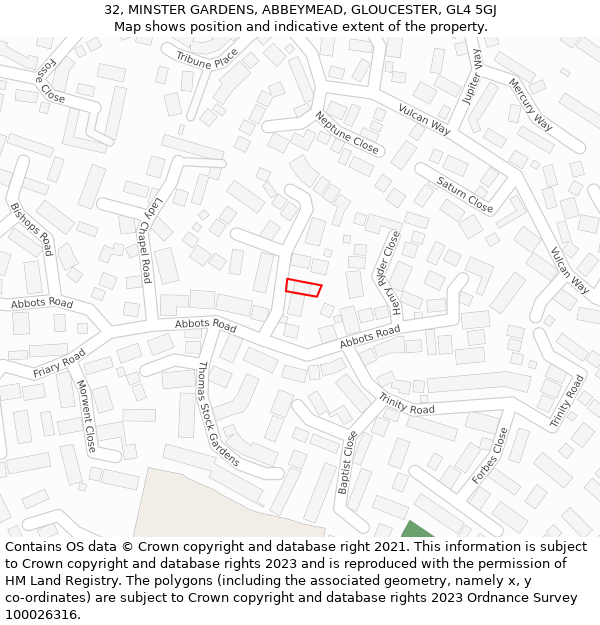 32, MINSTER GARDENS, ABBEYMEAD, GLOUCESTER, GL4 5GJ: Location map and indicative extent of plot