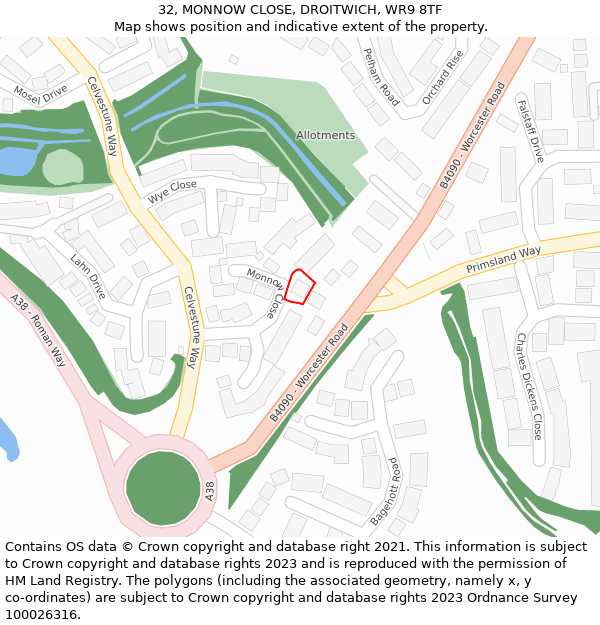 32, MONNOW CLOSE, DROITWICH, WR9 8TF: Location map and indicative extent of plot