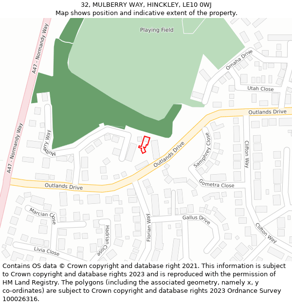 32, MULBERRY WAY, HINCKLEY, LE10 0WJ: Location map and indicative extent of plot