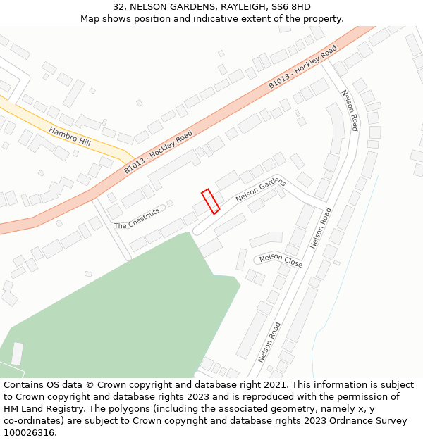 32, NELSON GARDENS, RAYLEIGH, SS6 8HD: Location map and indicative extent of plot