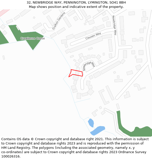 32, NEWBRIDGE WAY, PENNINGTON, LYMINGTON, SO41 8BH: Location map and indicative extent of plot