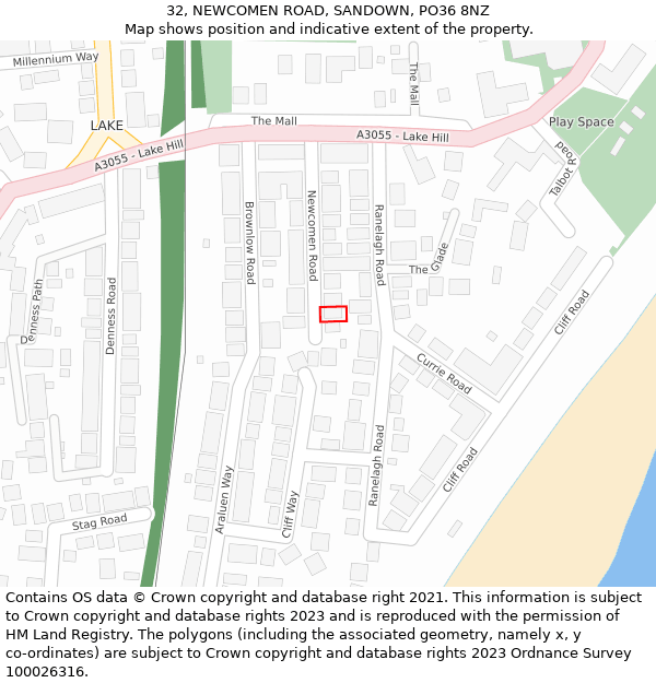 32, NEWCOMEN ROAD, SANDOWN, PO36 8NZ: Location map and indicative extent of plot