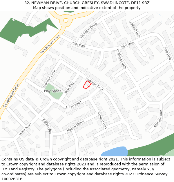 32, NEWMAN DRIVE, CHURCH GRESLEY, SWADLINCOTE, DE11 9RZ: Location map and indicative extent of plot