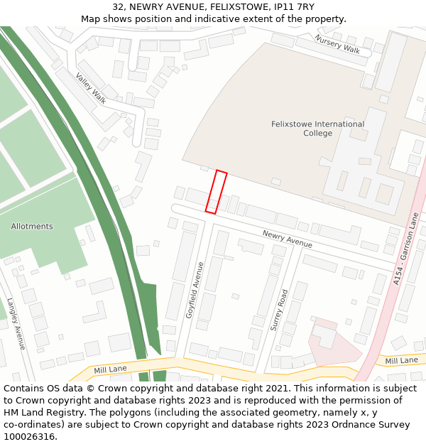 32, NEWRY AVENUE, FELIXSTOWE, IP11 7RY: Location map and indicative extent of plot