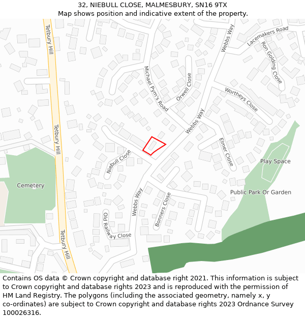 32, NIEBULL CLOSE, MALMESBURY, SN16 9TX: Location map and indicative extent of plot