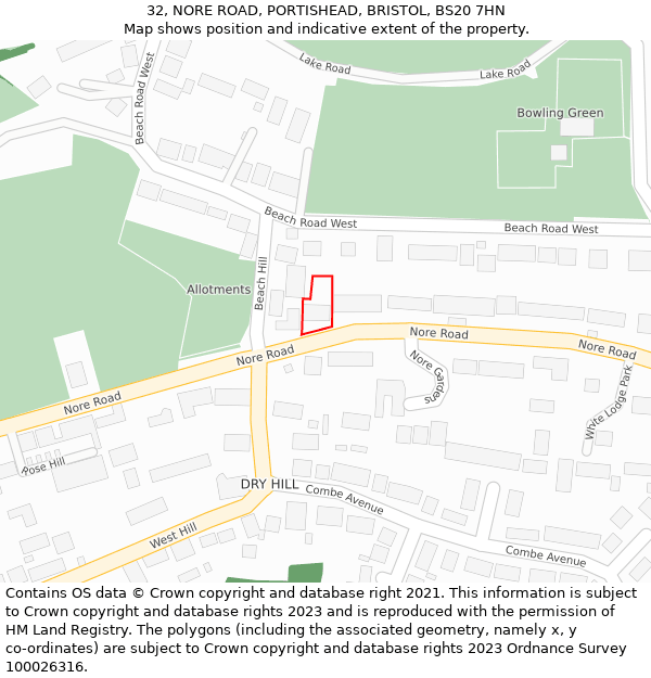 32, NORE ROAD, PORTISHEAD, BRISTOL, BS20 7HN: Location map and indicative extent of plot