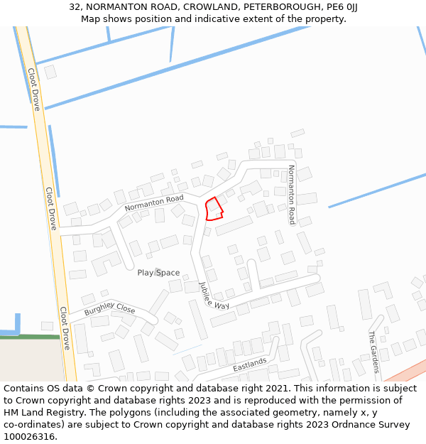 32, NORMANTON ROAD, CROWLAND, PETERBOROUGH, PE6 0JJ: Location map and indicative extent of plot