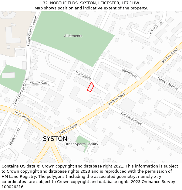 32, NORTHFIELDS, SYSTON, LEICESTER, LE7 1HW: Location map and indicative extent of plot
