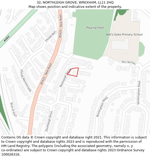 32, NORTHLEIGH GROVE, WREXHAM, LL11 2HQ: Location map and indicative extent of plot