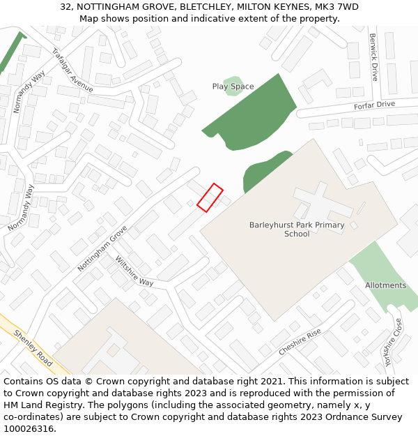 32, NOTTINGHAM GROVE, BLETCHLEY, MILTON KEYNES, MK3 7WD: Location map and indicative extent of plot