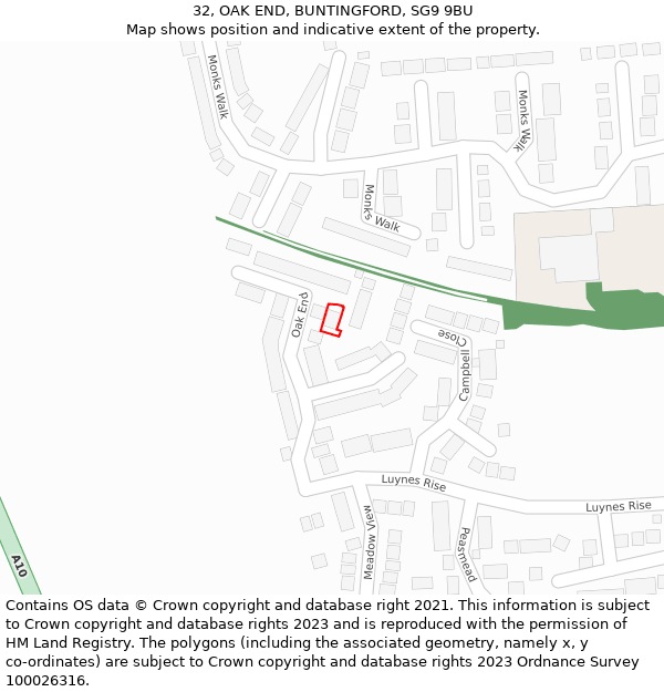 32, OAK END, BUNTINGFORD, SG9 9BU: Location map and indicative extent of plot