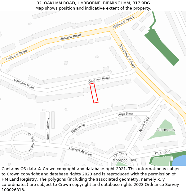 32, OAKHAM ROAD, HARBORNE, BIRMINGHAM, B17 9DG: Location map and indicative extent of plot