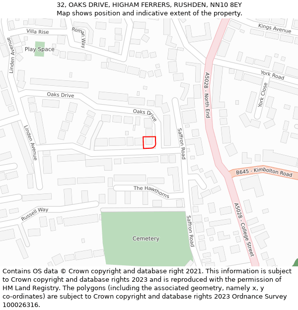 32, OAKS DRIVE, HIGHAM FERRERS, RUSHDEN, NN10 8EY: Location map and indicative extent of plot