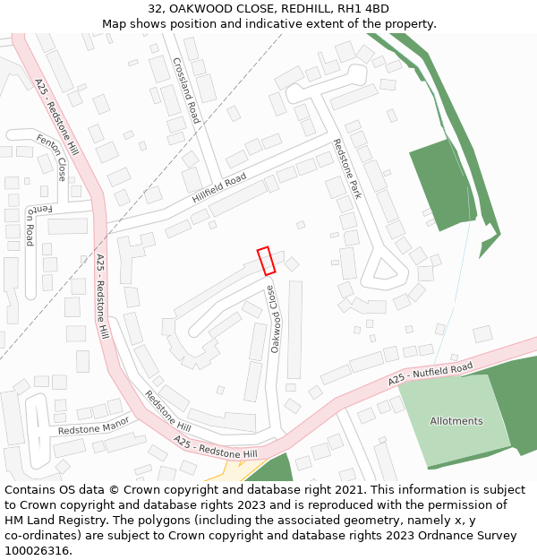 32, OAKWOOD CLOSE, REDHILL, RH1 4BD: Location map and indicative extent of plot