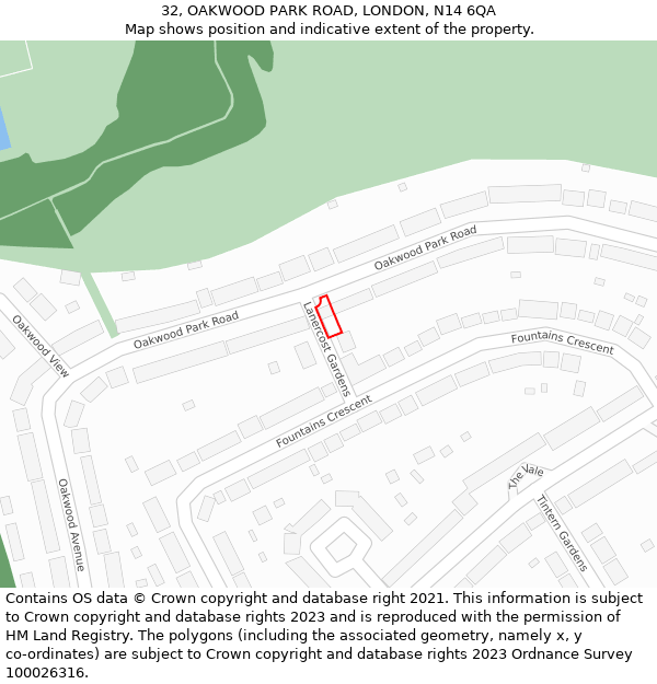 32, OAKWOOD PARK ROAD, LONDON, N14 6QA: Location map and indicative extent of plot