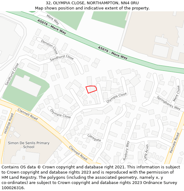 32, OLYMPIA CLOSE, NORTHAMPTON, NN4 0RU: Location map and indicative extent of plot
