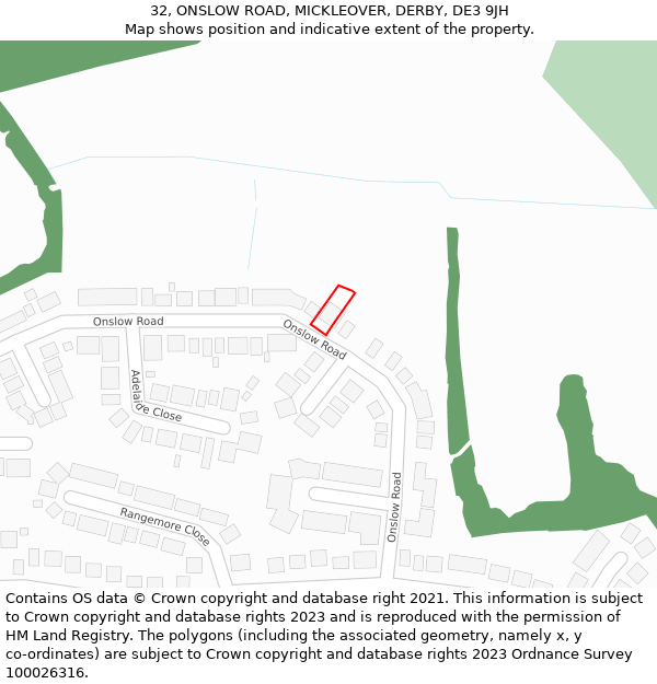 32, ONSLOW ROAD, MICKLEOVER, DERBY, DE3 9JH: Location map and indicative extent of plot