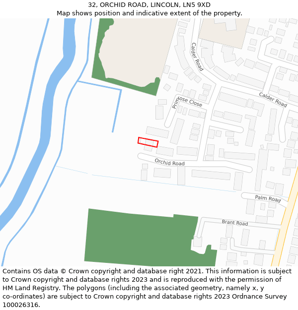 32, ORCHID ROAD, LINCOLN, LN5 9XD: Location map and indicative extent of plot