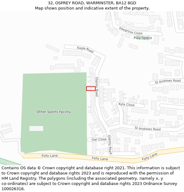 32, OSPREY ROAD, WARMINSTER, BA12 8GD: Location map and indicative extent of plot