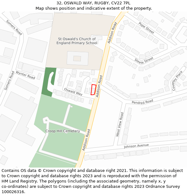 32, OSWALD WAY, RUGBY, CV22 7PL: Location map and indicative extent of plot