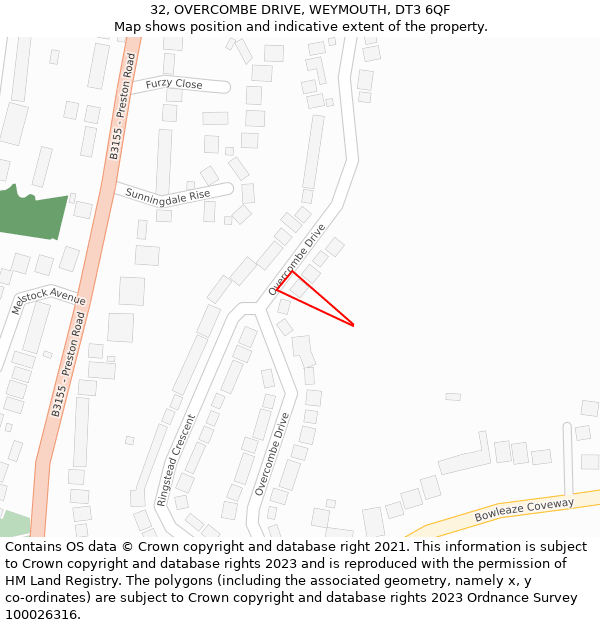 32, OVERCOMBE DRIVE, WEYMOUTH, DT3 6QF: Location map and indicative extent of plot