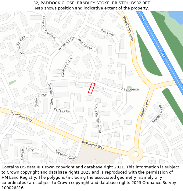 32, PADDOCK CLOSE, BRADLEY STOKE, BRISTOL, BS32 0EZ: Location map and indicative extent of plot