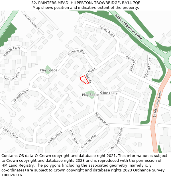 32, PAINTERS MEAD, HILPERTON, TROWBRIDGE, BA14 7QF: Location map and indicative extent of plot