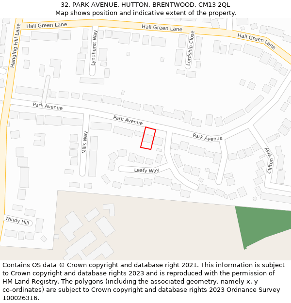 32, PARK AVENUE, HUTTON, BRENTWOOD, CM13 2QL: Location map and indicative extent of plot