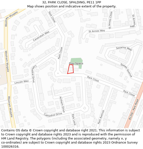 32, PARK CLOSE, SPALDING, PE11 1PP: Location map and indicative extent of plot