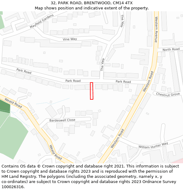 32, PARK ROAD, BRENTWOOD, CM14 4TX: Location map and indicative extent of plot