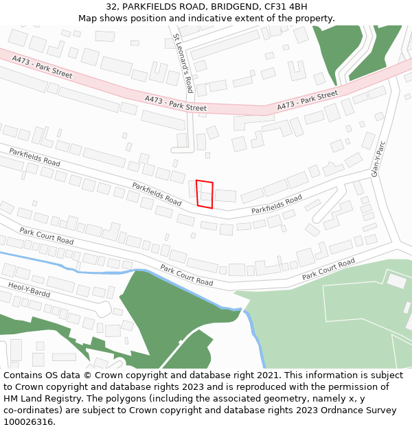 32, PARKFIELDS ROAD, BRIDGEND, CF31 4BH: Location map and indicative extent of plot