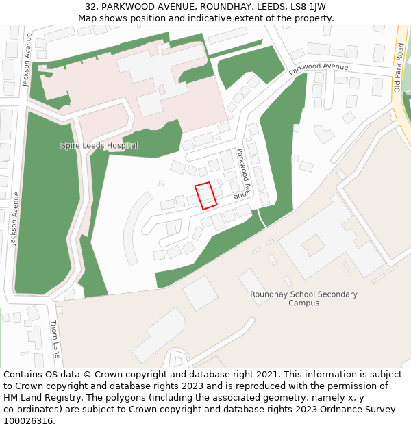 32, PARKWOOD AVENUE, ROUNDHAY, LEEDS, LS8 1JW: Location map and indicative extent of plot