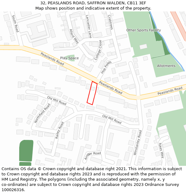 32, PEASLANDS ROAD, SAFFRON WALDEN, CB11 3EF: Location map and indicative extent of plot