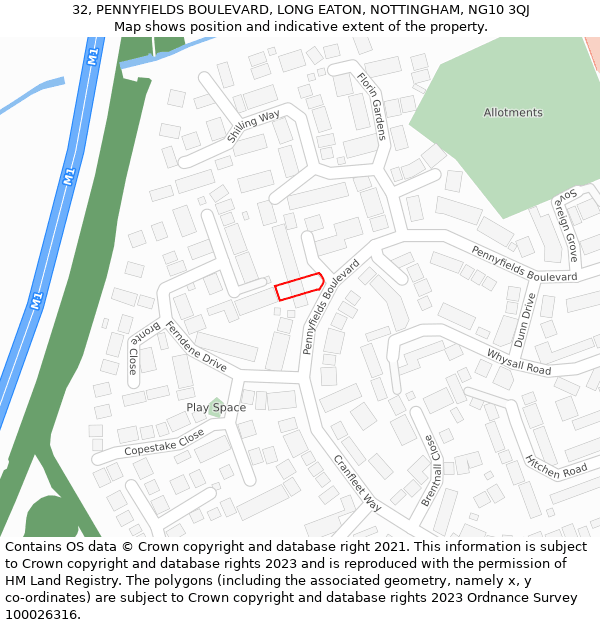 32, PENNYFIELDS BOULEVARD, LONG EATON, NOTTINGHAM, NG10 3QJ: Location map and indicative extent of plot