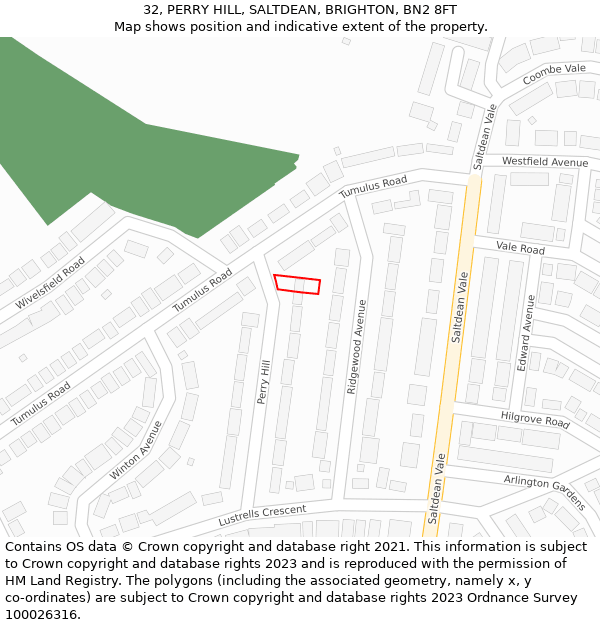 32, PERRY HILL, SALTDEAN, BRIGHTON, BN2 8FT: Location map and indicative extent of plot