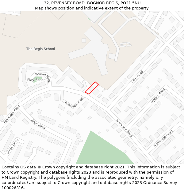 32, PEVENSEY ROAD, BOGNOR REGIS, PO21 5NU: Location map and indicative extent of plot