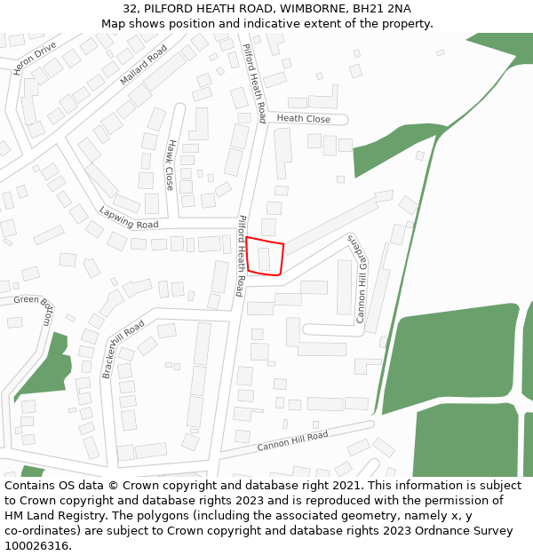 32, PILFORD HEATH ROAD, WIMBORNE, BH21 2NA: Location map and indicative extent of plot