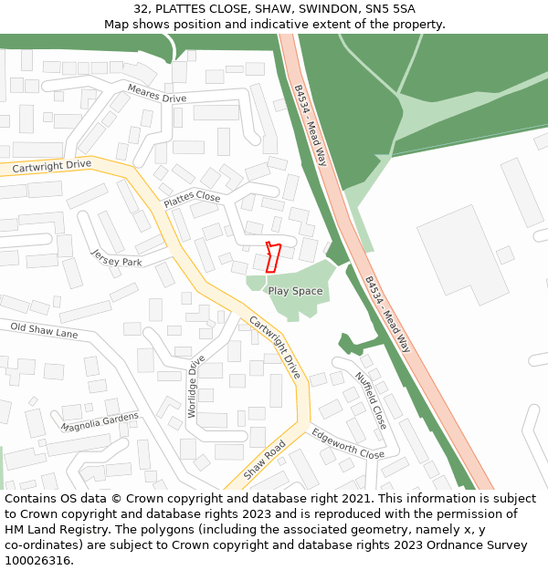 32, PLATTES CLOSE, SHAW, SWINDON, SN5 5SA: Location map and indicative extent of plot