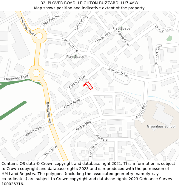 32, PLOVER ROAD, LEIGHTON BUZZARD, LU7 4AW: Location map and indicative extent of plot