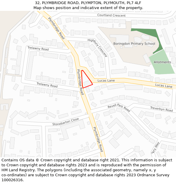 32, PLYMBRIDGE ROAD, PLYMPTON, PLYMOUTH, PL7 4LF: Location map and indicative extent of plot