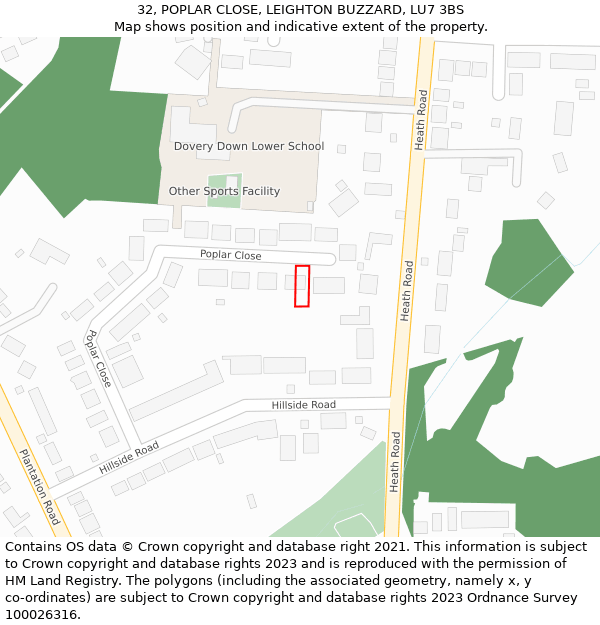 32, POPLAR CLOSE, LEIGHTON BUZZARD, LU7 3BS: Location map and indicative extent of plot