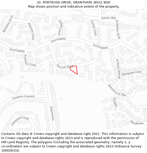 32, PORTRUSH DRIVE, GRANTHAM, NG31 9GD: Location map and indicative extent of plot