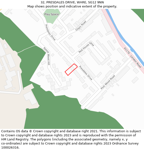 32, PRESDALES DRIVE, WARE, SG12 9NN: Location map and indicative extent of plot