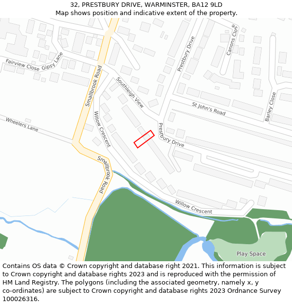 32, PRESTBURY DRIVE, WARMINSTER, BA12 9LD: Location map and indicative extent of plot