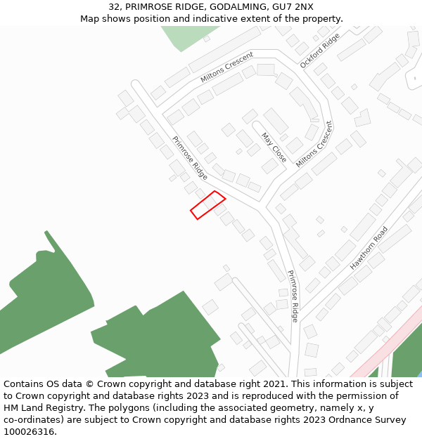 32, PRIMROSE RIDGE, GODALMING, GU7 2NX: Location map and indicative extent of plot