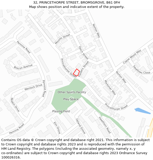 32, PRINCETHORPE STREET, BROMSGROVE, B61 0FH: Location map and indicative extent of plot