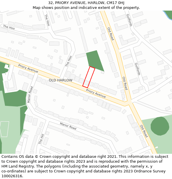 32, PRIORY AVENUE, HARLOW, CM17 0HJ: Location map and indicative extent of plot