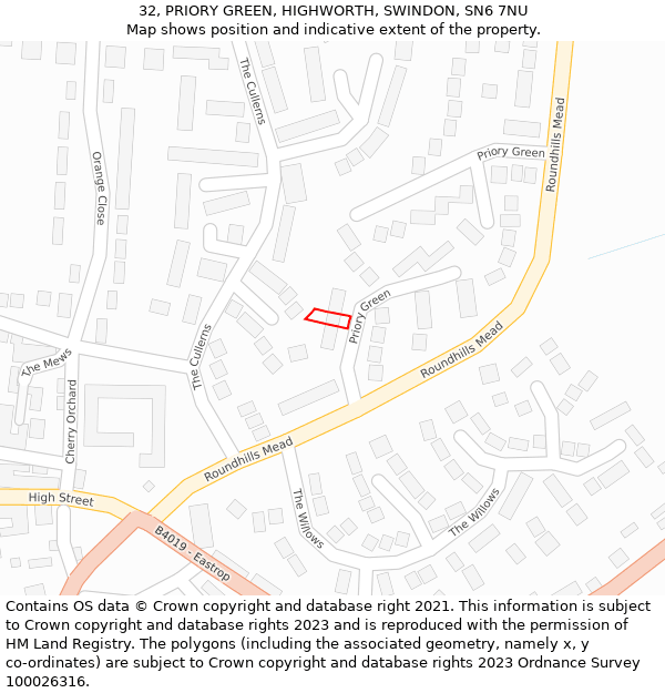 32, PRIORY GREEN, HIGHWORTH, SWINDON, SN6 7NU: Location map and indicative extent of plot